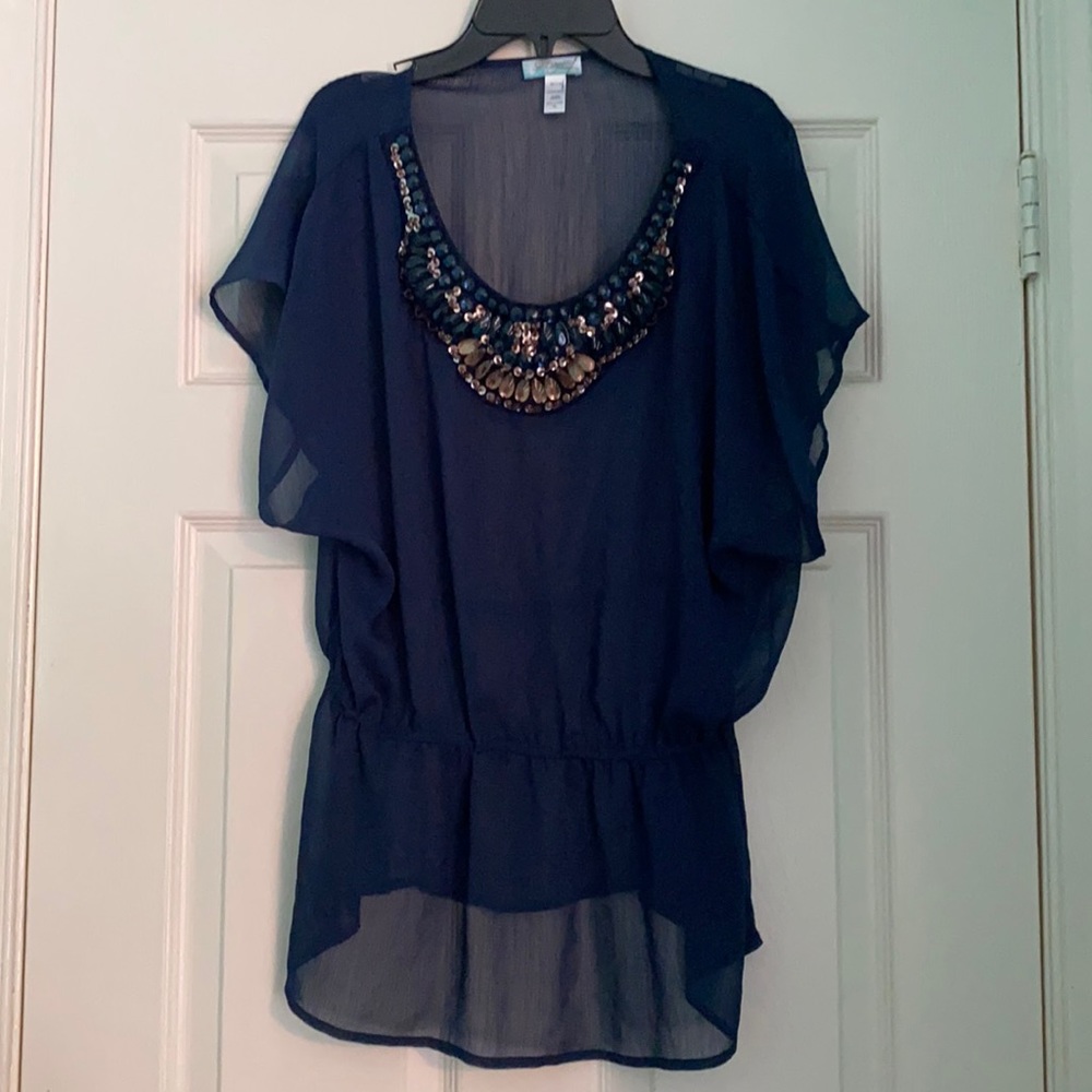 Rhinestone crystal collar sheer top six degrees of separation brand Sz XL